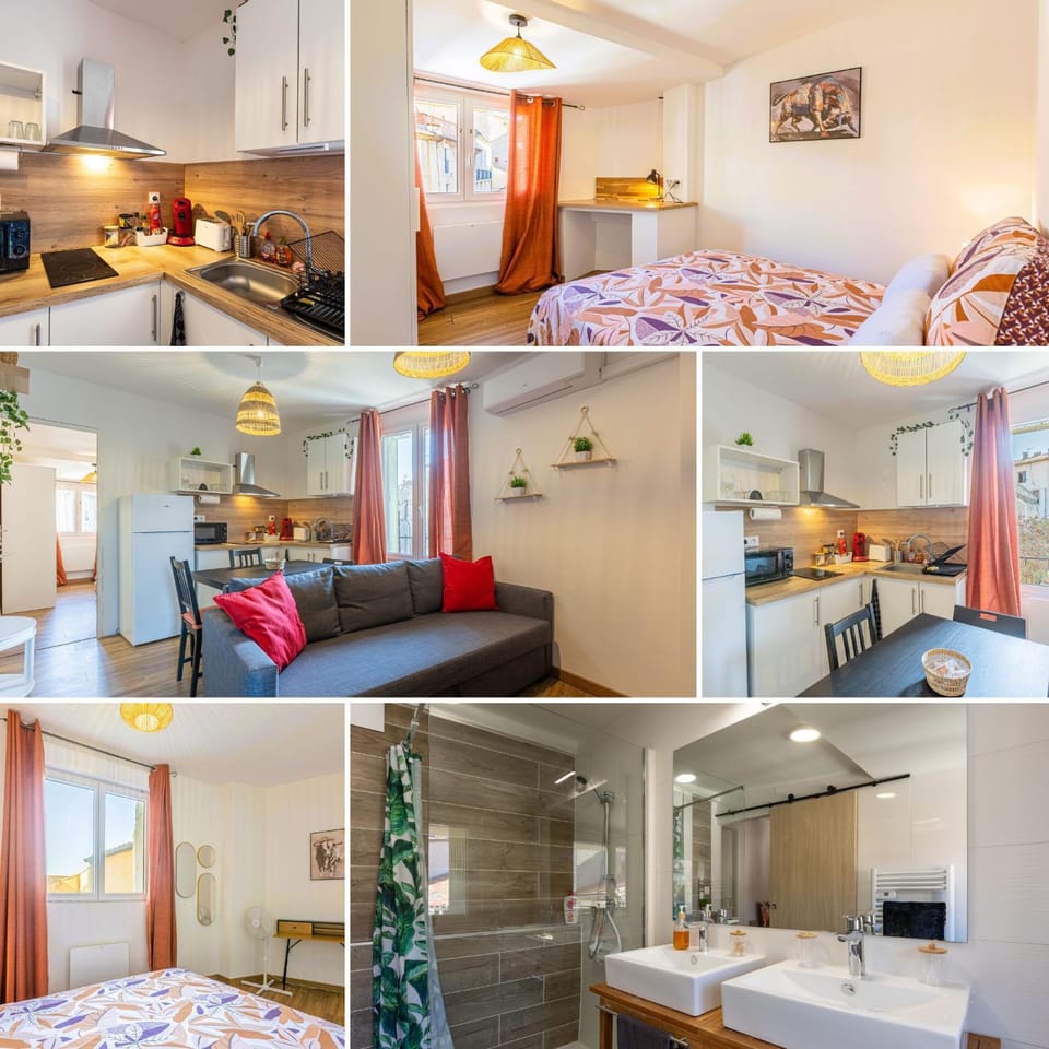 Bed, Bathroom, Coffee/tea facilities, Kitchen or kitchenette, Living room, Photo of the whole room, Decorative detail, Bedroom, internet, microwave, stove, air conditioner