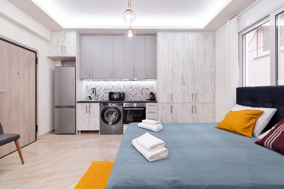 Bed, kitchen