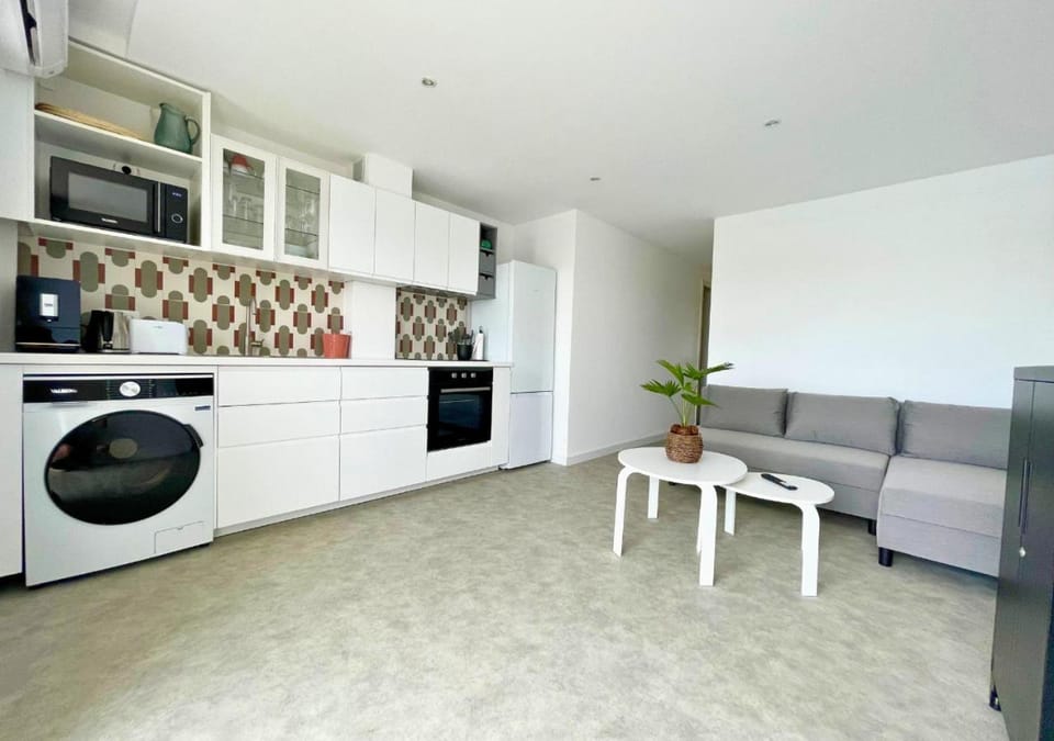 Kitchen or kitchenette, Living room, oven, stove, toaster, washing machine