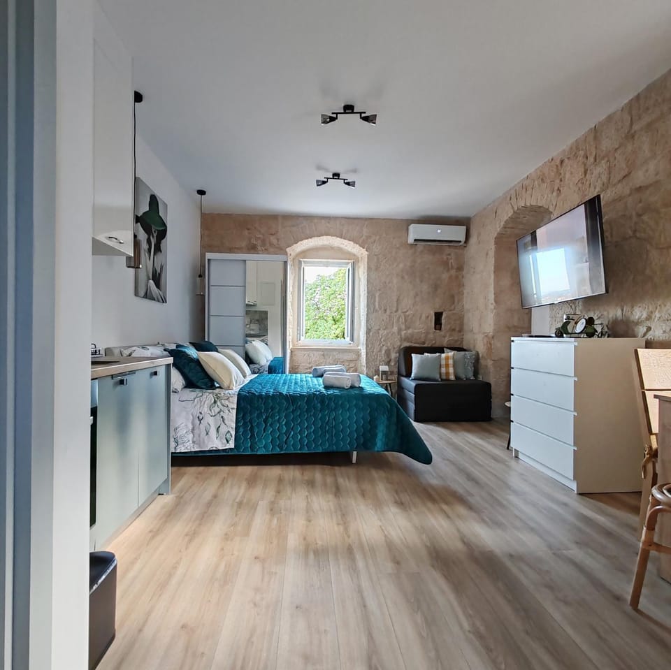 Bed, TV and multimedia, Kitchen or kitchenette, Living room, Photo of the whole room, Seating area, Dining area, oven, air conditioner