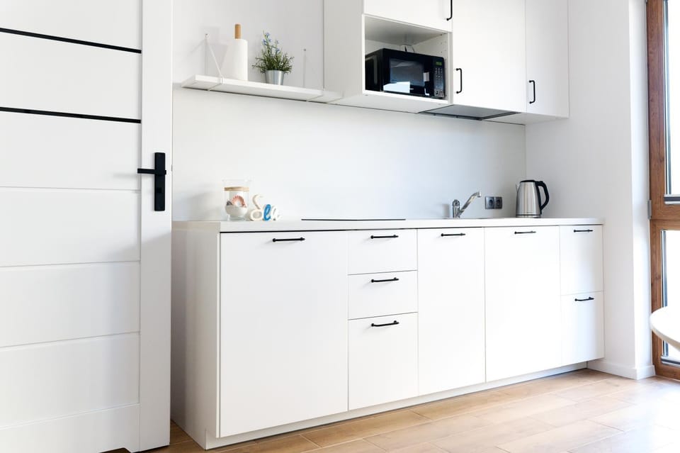 Kitchen or kitchenette, microwave, stove