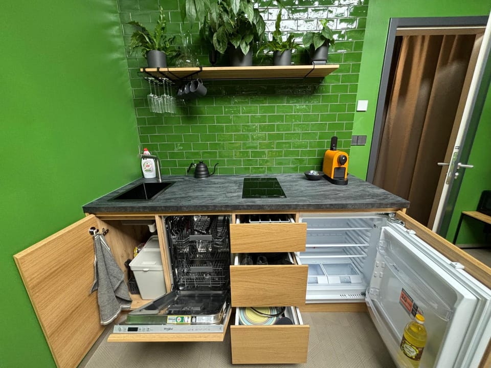 Kitchen or kitchenette, stove
