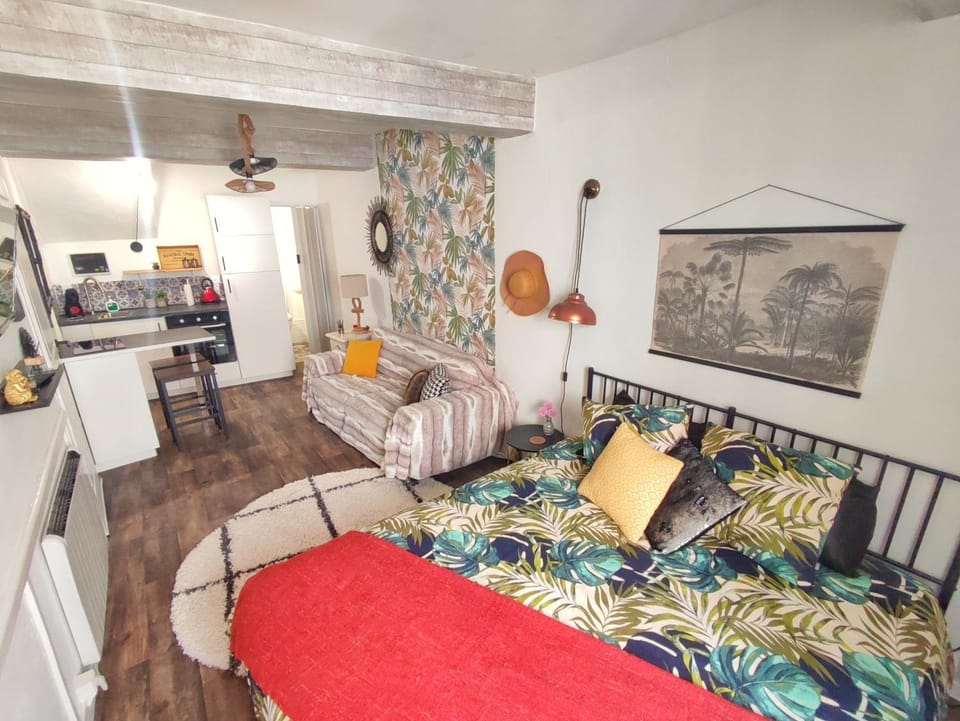 Kitchen or kitchenette, Living room, Photo of the whole room, Seating area, Dining area, Bedroom, stove