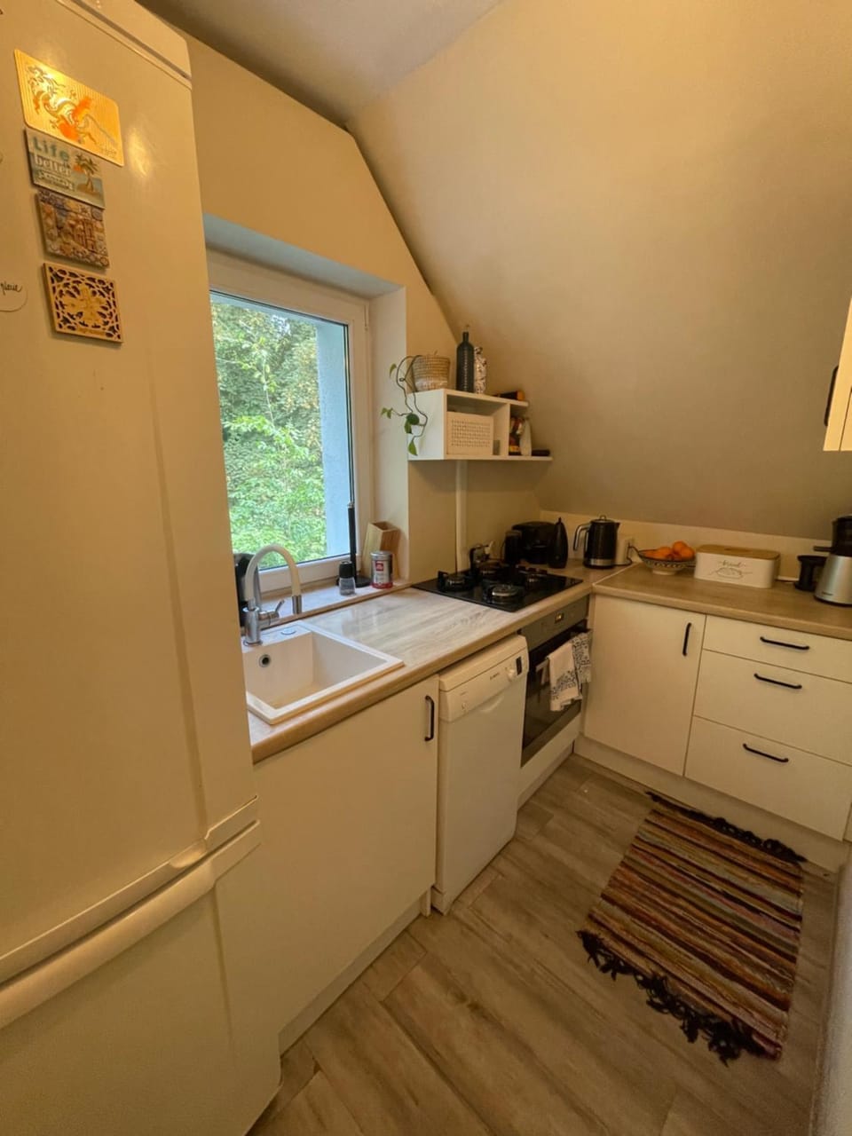 Kitchen or kitchenette, dishwasher, stove