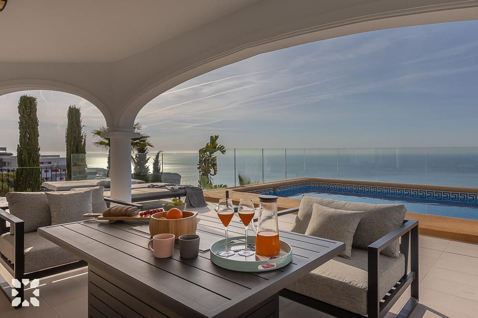 Patio, Day, Natural landscape, View (from property/room), Balcony/Terrace, Living room, Seating area, Dining area, Pool view, Sea view, Swimming pool