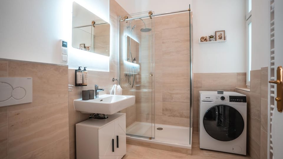 Shower, Bathroom, hair dryier, washing machine, dryer
