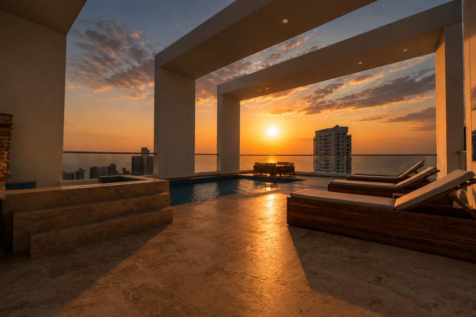 Balcony/Terrace, Sea view, Swimming pool, Sunset, sunbed