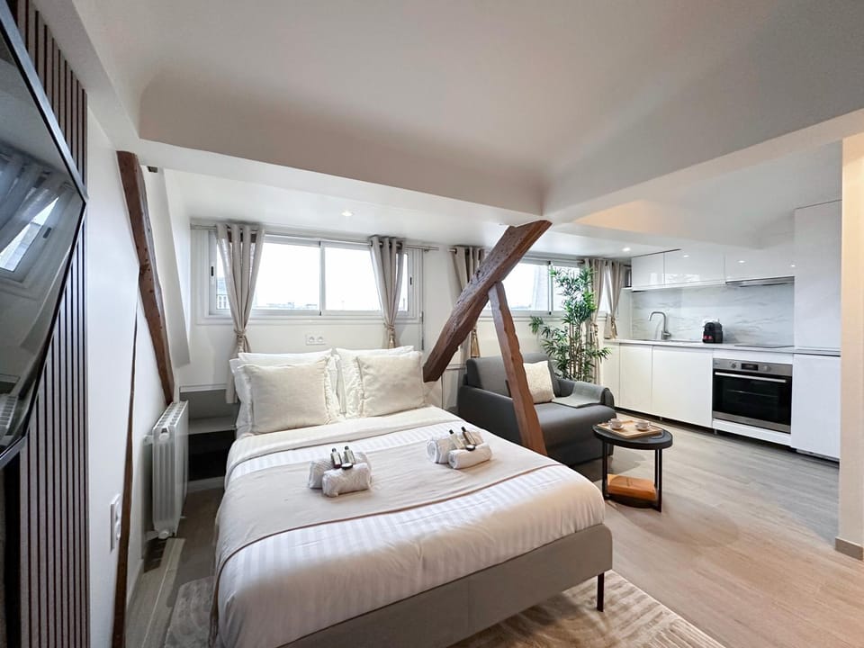 Bed, TV and multimedia, Kitchen or kitchenette, Living room, Photo of the whole room, Seating area, Dining area, Bedroom