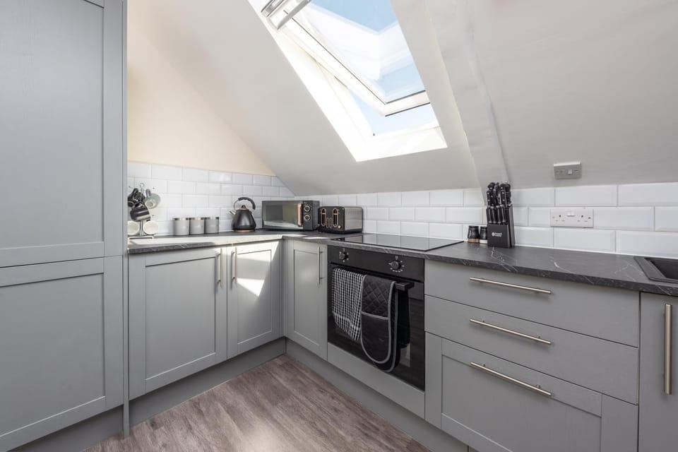 Kitchen or kitchenette, dishwasher, stove, toaster