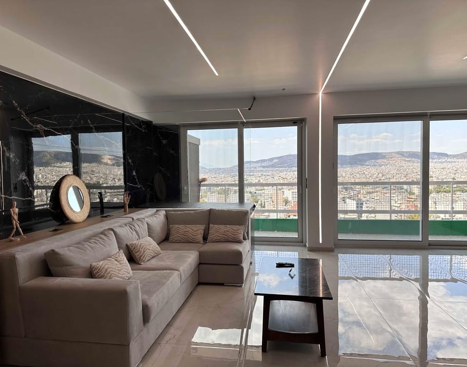 Living room, City view, Mountain view