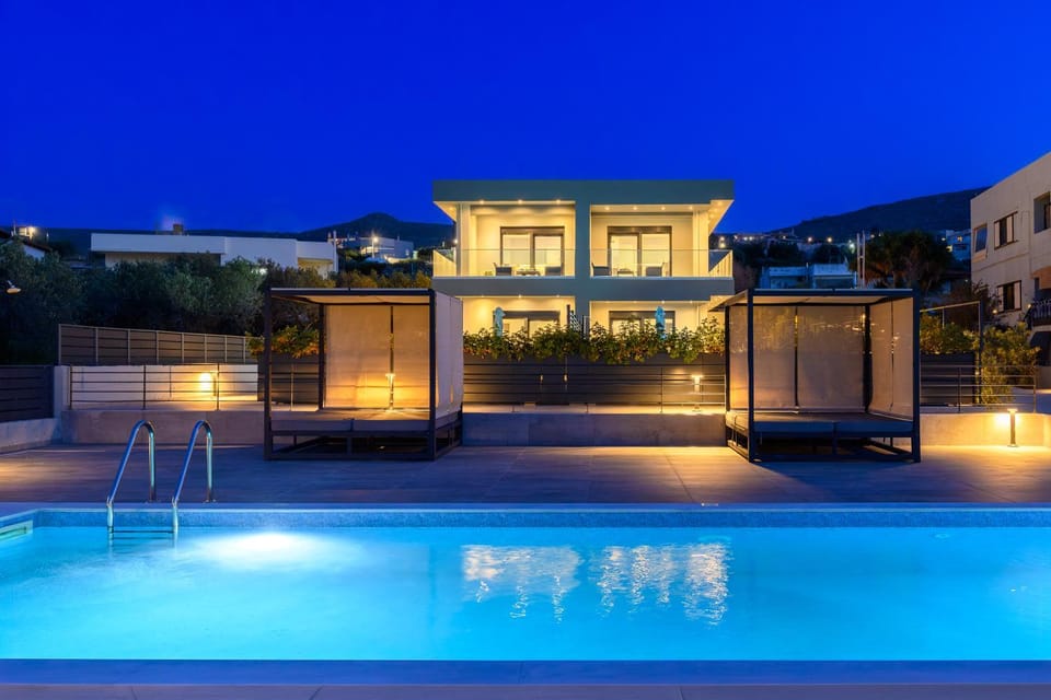 Property building, Patio, Night, Pool view, Swimming pool, sunbed