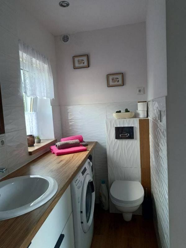 Toilet, Bathroom, towels, washing machine