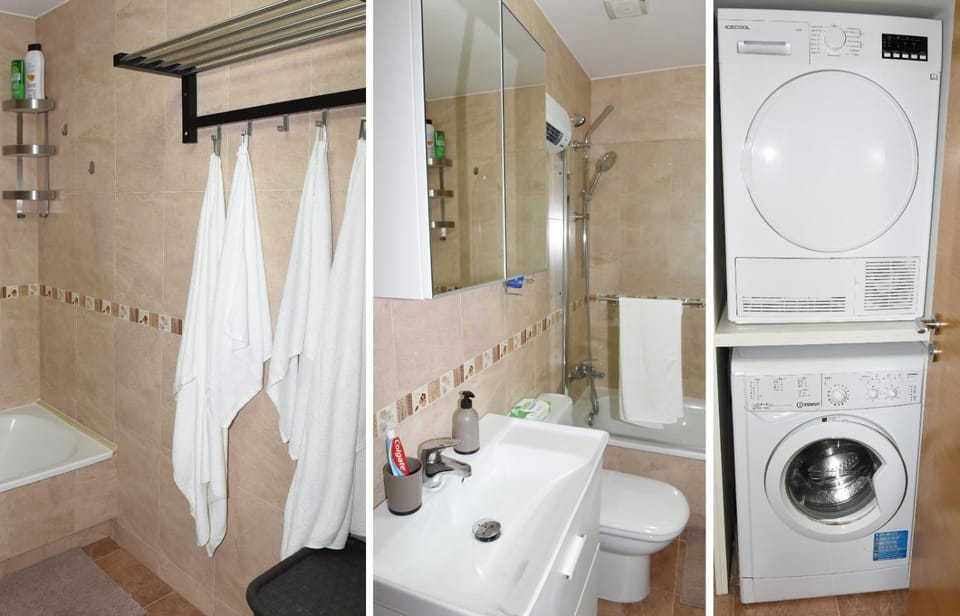 Shower, Bathroom, Bath, bidet, towels, washing machine, dryer