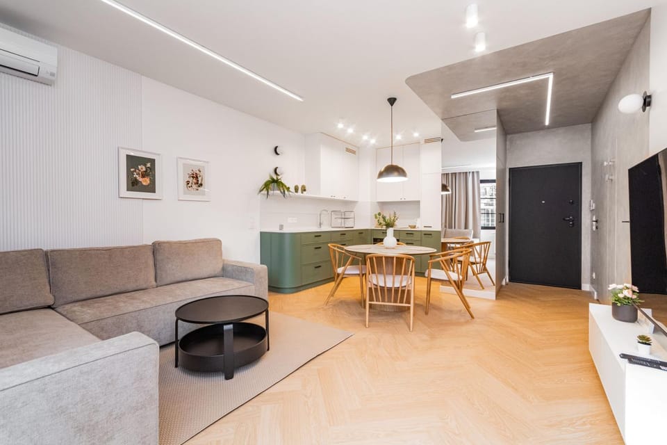 Kitchen or kitchenette, Living room, Seating area, Dining area, air conditioner