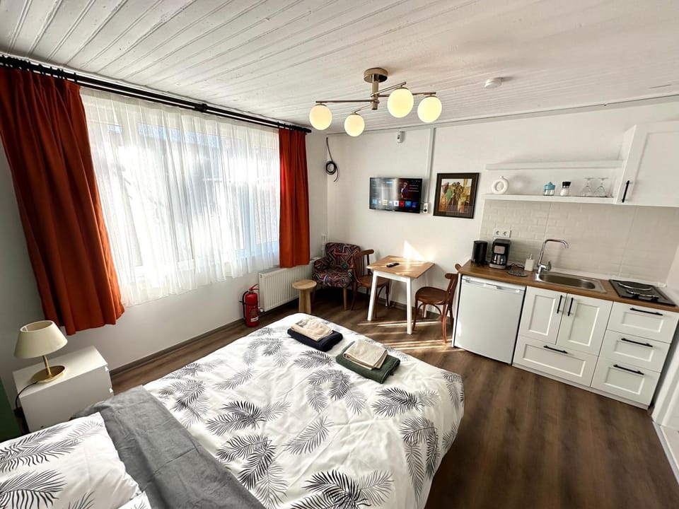 Bed, Living room, Photo of the whole room, Seating area, Dining area, Bedroom, minibar, stove