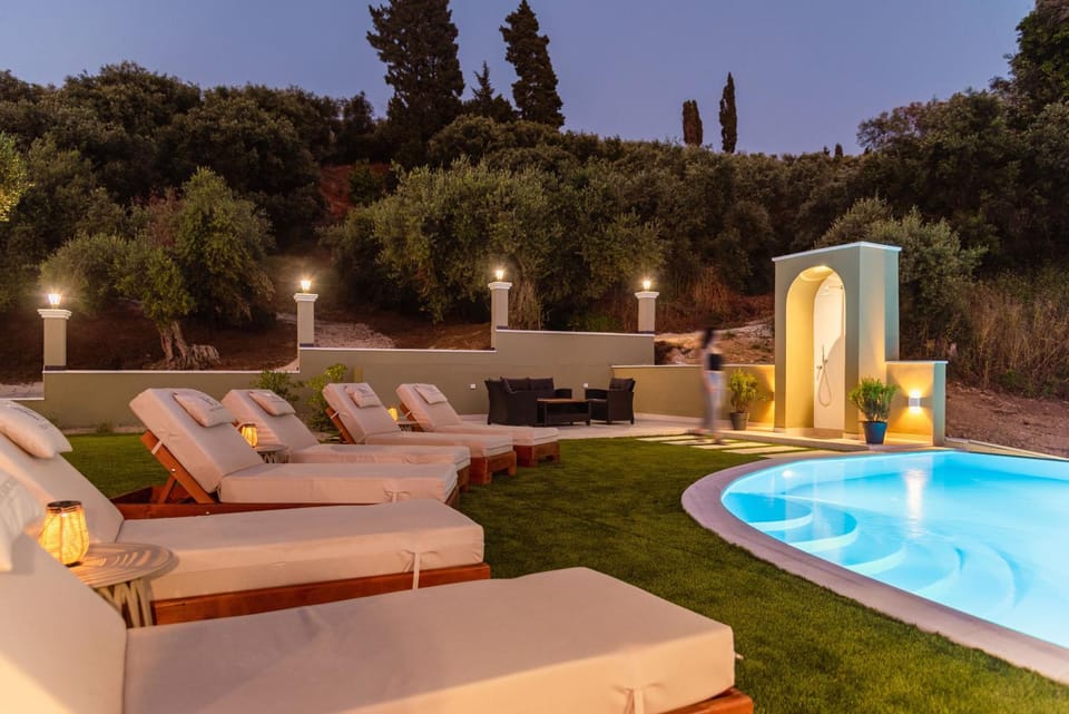 Patio, Night, Natural landscape, Garden, Garden view, Pool view, Swimming pool, sunbed