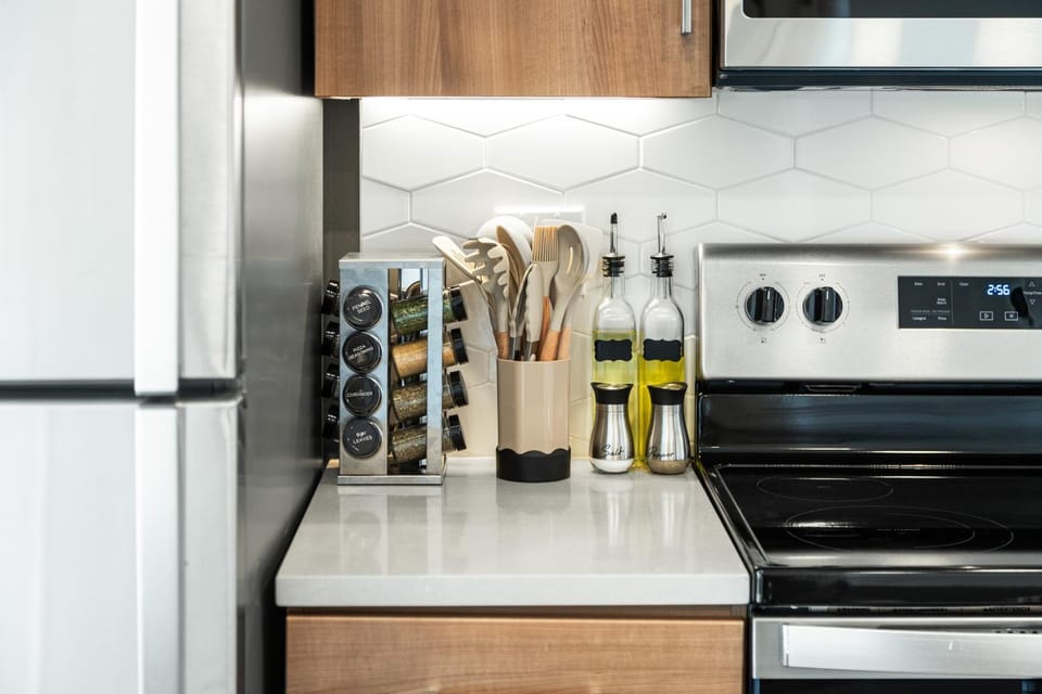 Kitchen or kitchenette, stove