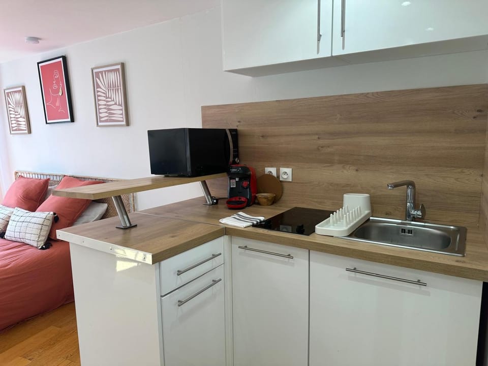 Kitchen or kitchenette, microwave
