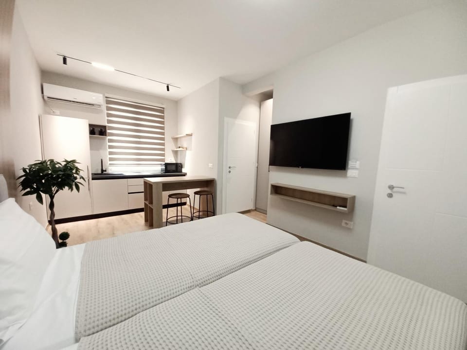 Bed, TV and multimedia, Kitchen or kitchenette, Photo of the whole room, Bedroom, wardrobe