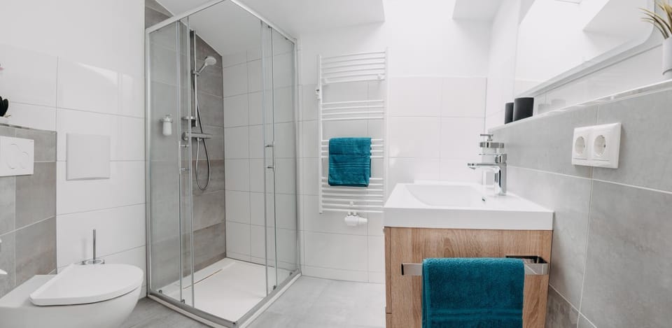 Shower, Toilet, Bathroom, hair dryier, heating, towels