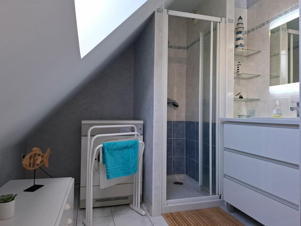 Shower, Bathroom, hair dryier, storage, towels, washing machine, dryer