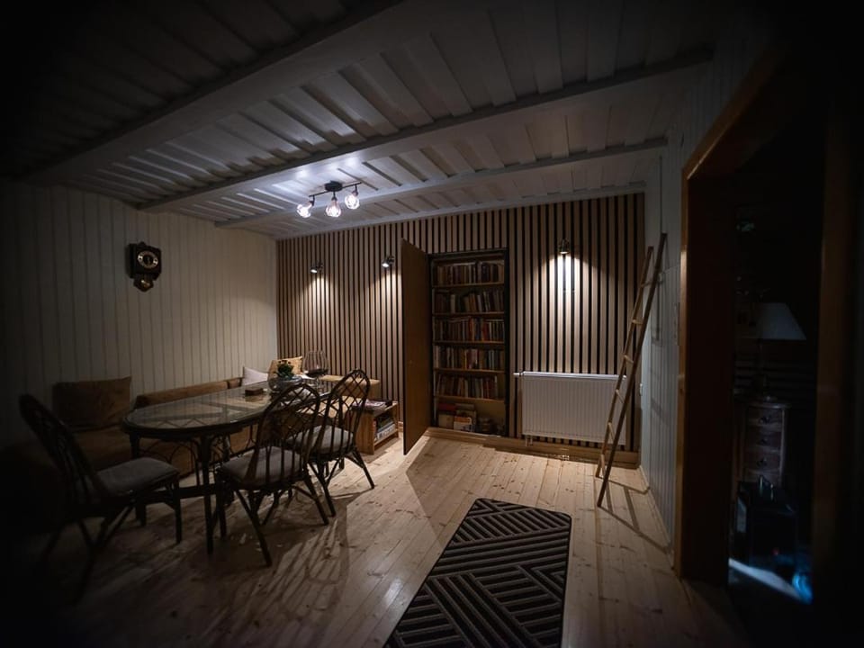 Library, Living room, Seating area, Dining area