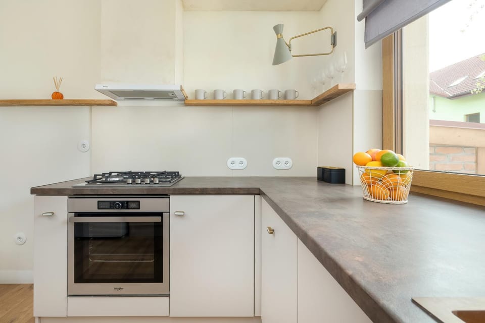 Kitchen or kitchenette, dishwasher, stove