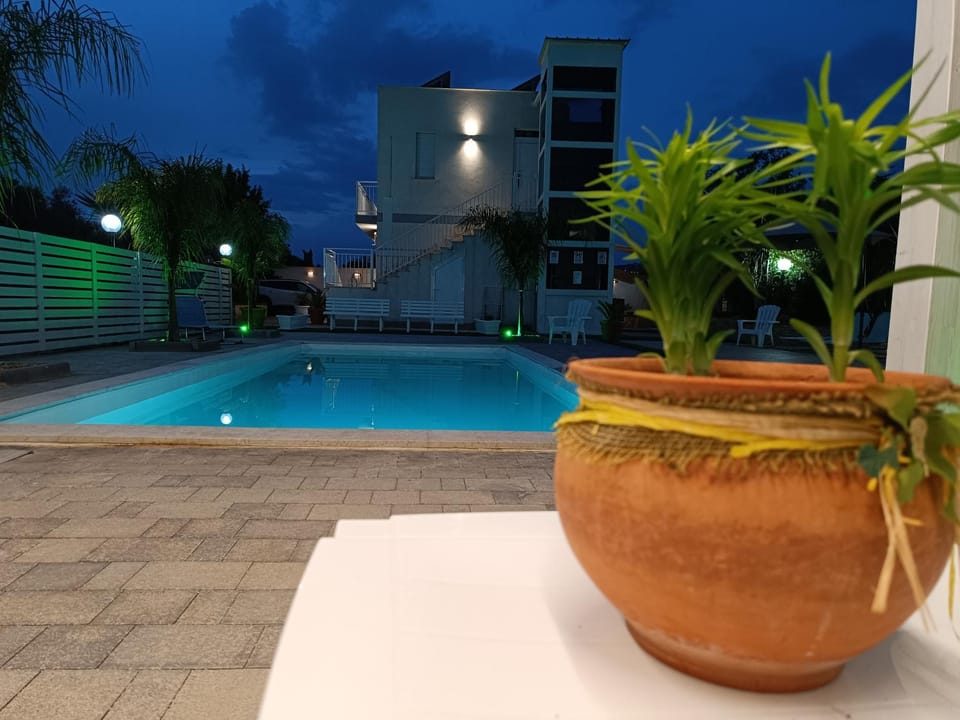 Property building, Night, Garden, Garden view, Pool view, Swimming pool