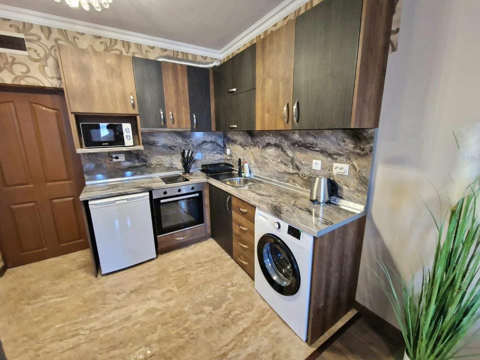 Kitchen or kitchenette, oven, stove, washing machine