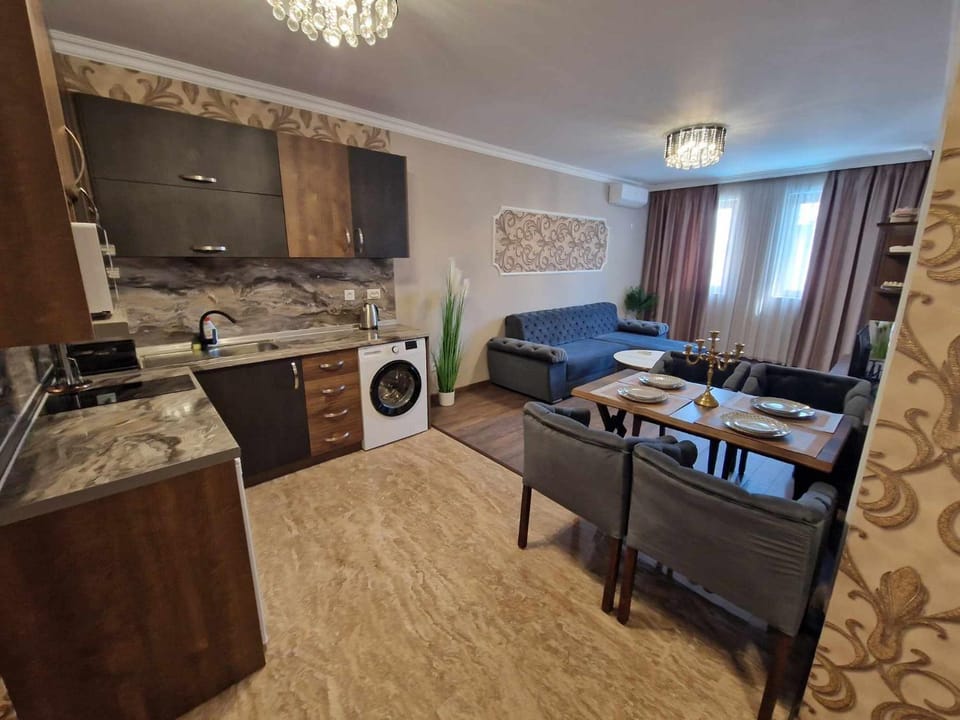 Kitchen or kitchenette, Living room, Seating area, Dining area, oven, stove, washing machine