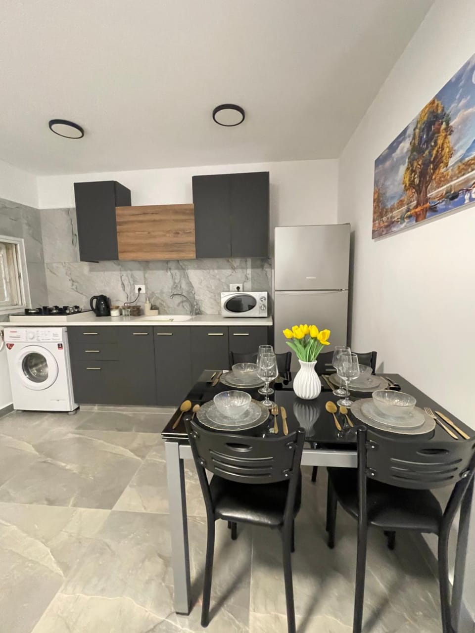 Kitchen or kitchenette, microwave, stove, washing machine
