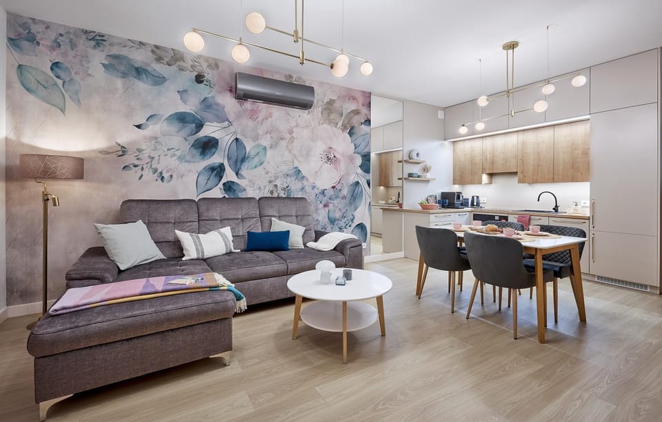 Kitchen or kitchenette, Living room, Seating area, Dining area, stove, air conditioner