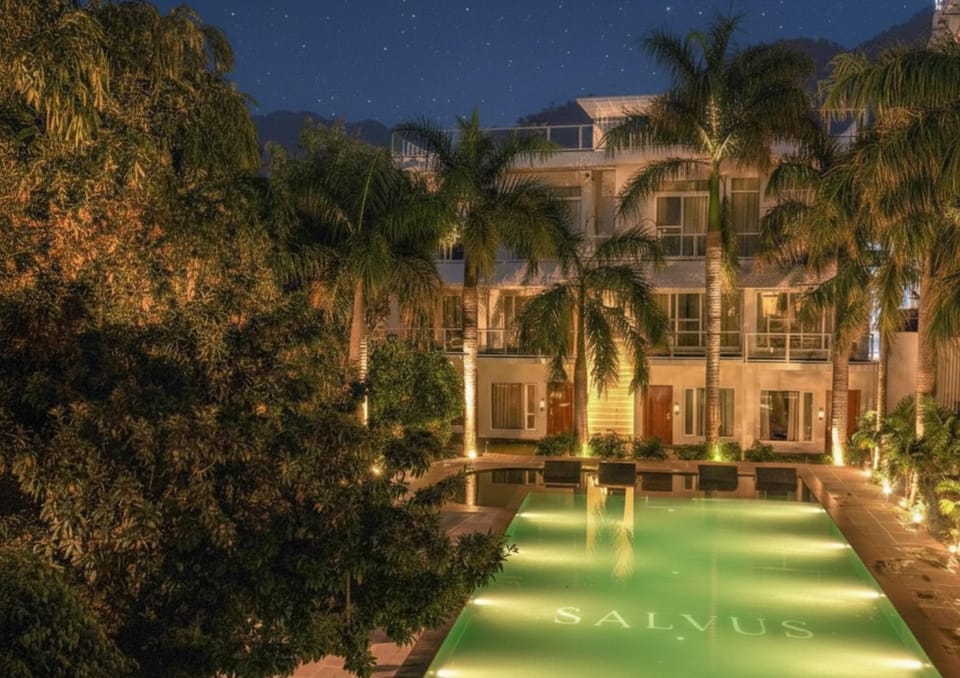 Property building, Night, Natural landscape, Garden, Garden view, Pool view, Swimming pool