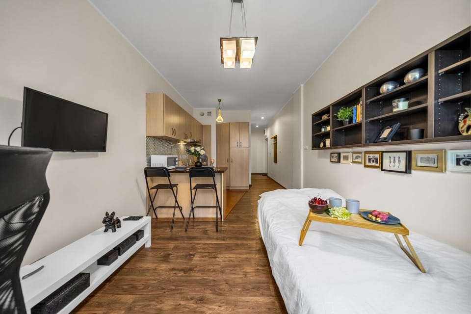 Bed, TV and multimedia, Kitchen or kitchenette, Living room, Photo of the whole room, Seating area