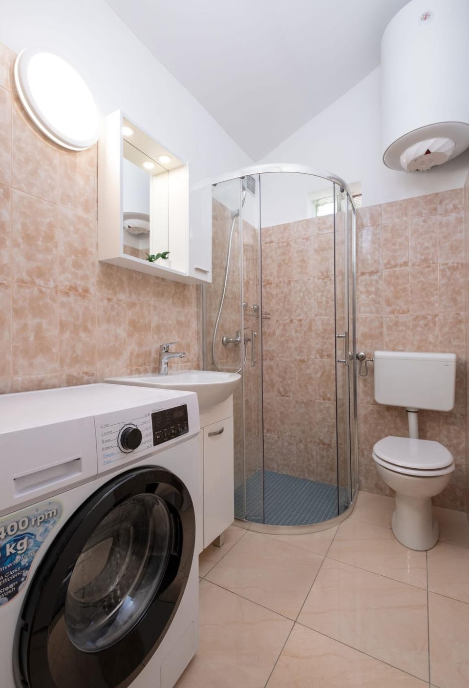 Shower, Toilet, Bathroom, bidet, towels, washing machine