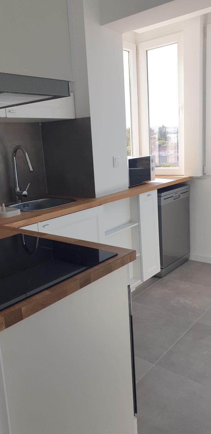 Kitchen or kitchenette, dishwasher, stove