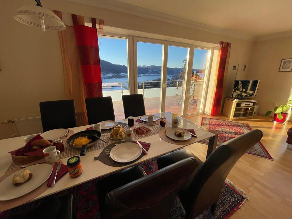Natural landscape, Living room, Dining area, Food, Lake view, Mountain view
