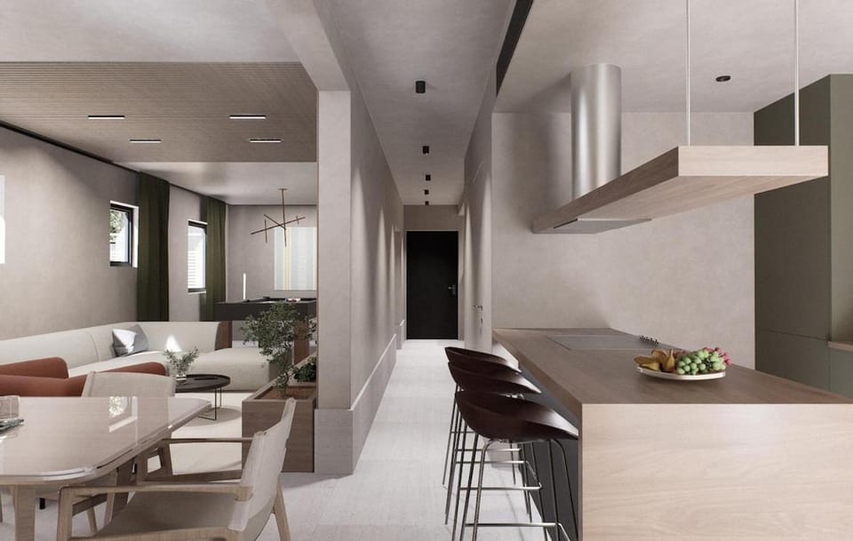 Kitchen or kitchenette, Living room, Seating area, Dining area