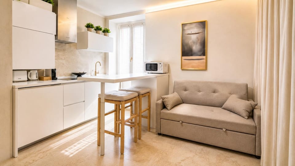 Kitchen or kitchenette, Living room, Seating area, Dining area, stove