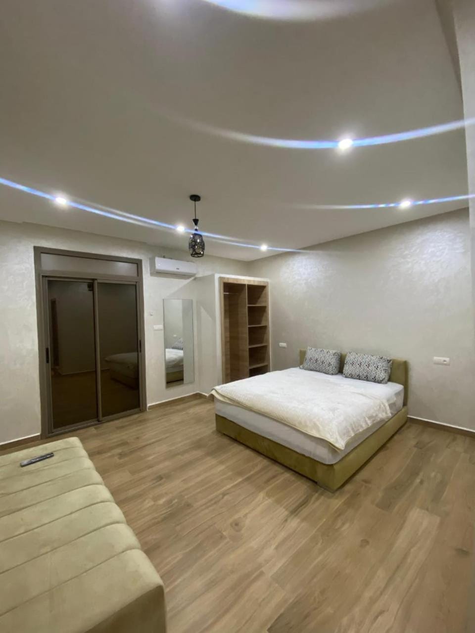 Bed, wardrobe