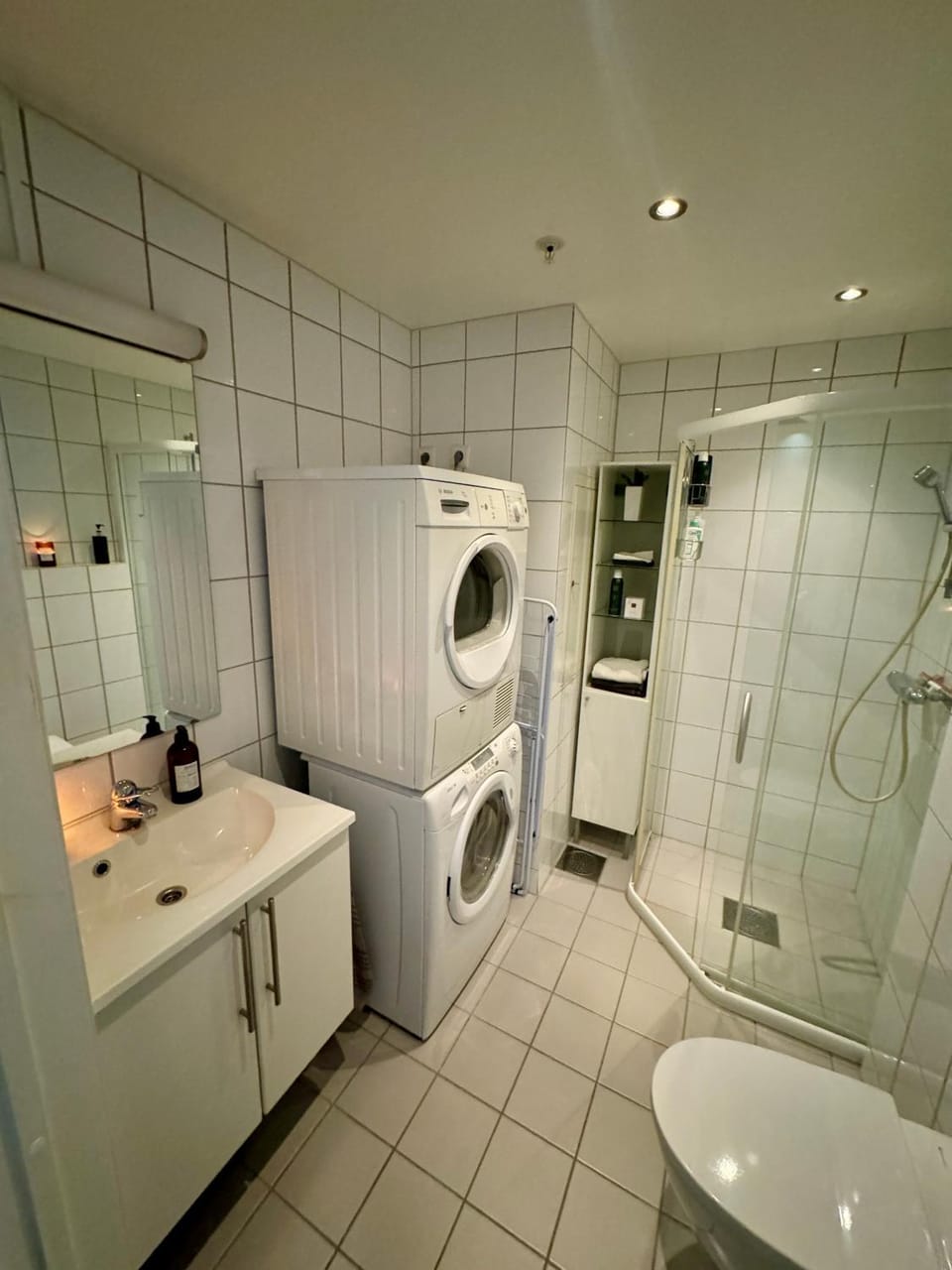 Shower, Toilet, Bathroom, towels, washing machine, dryer