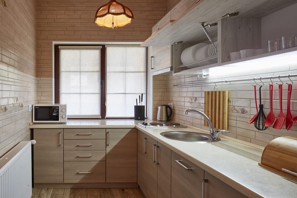 Kitchen or kitchenette, dishwasher, stove