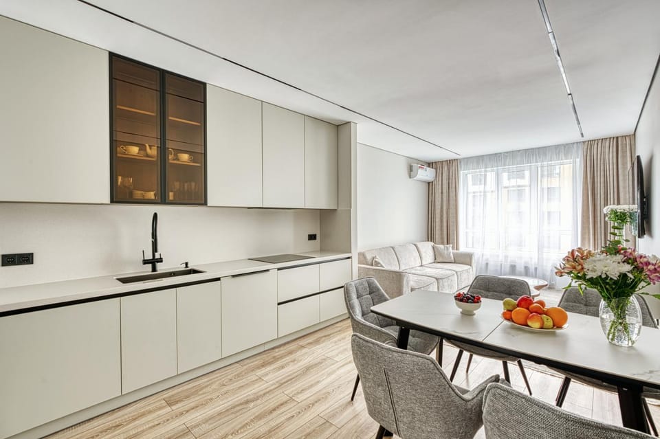 Kitchen or kitchenette, Living room, Seating area, Dining area, stove
