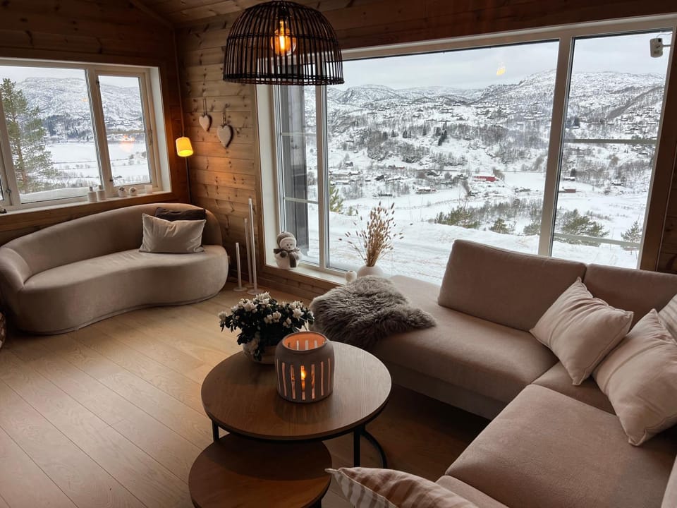 Natural landscape, Winter, Living room, Seating area, Mountain view