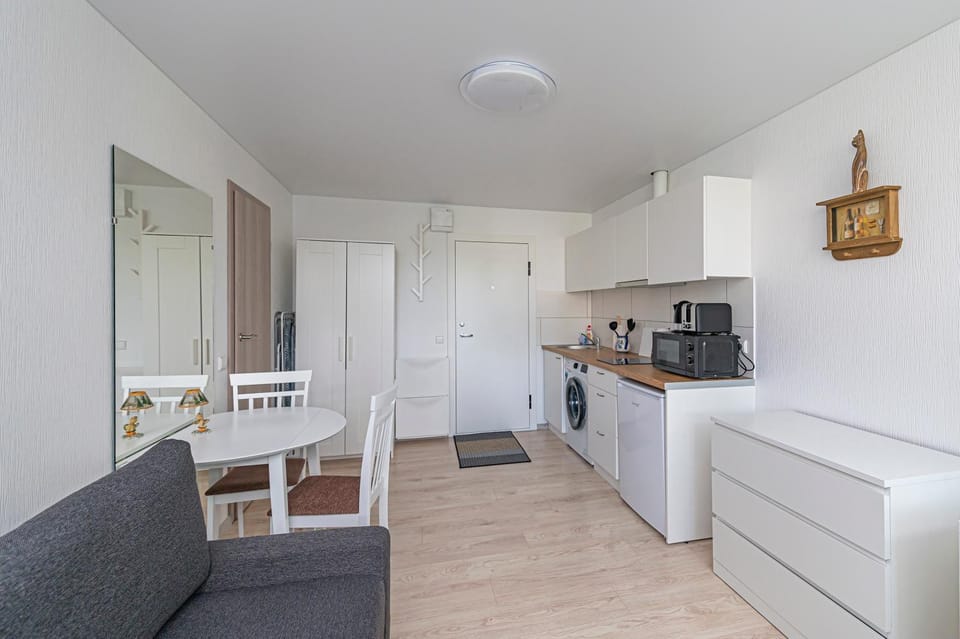 Kitchen or kitchenette, Living room, Seating area, Dining area, stove