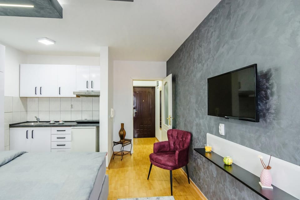 Bed, TV and multimedia, Kitchen or kitchenette, Seating area, Bedroom, minibar