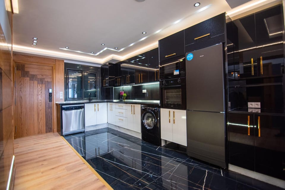 Kitchen or kitchenette, dishwasher, oven, stove