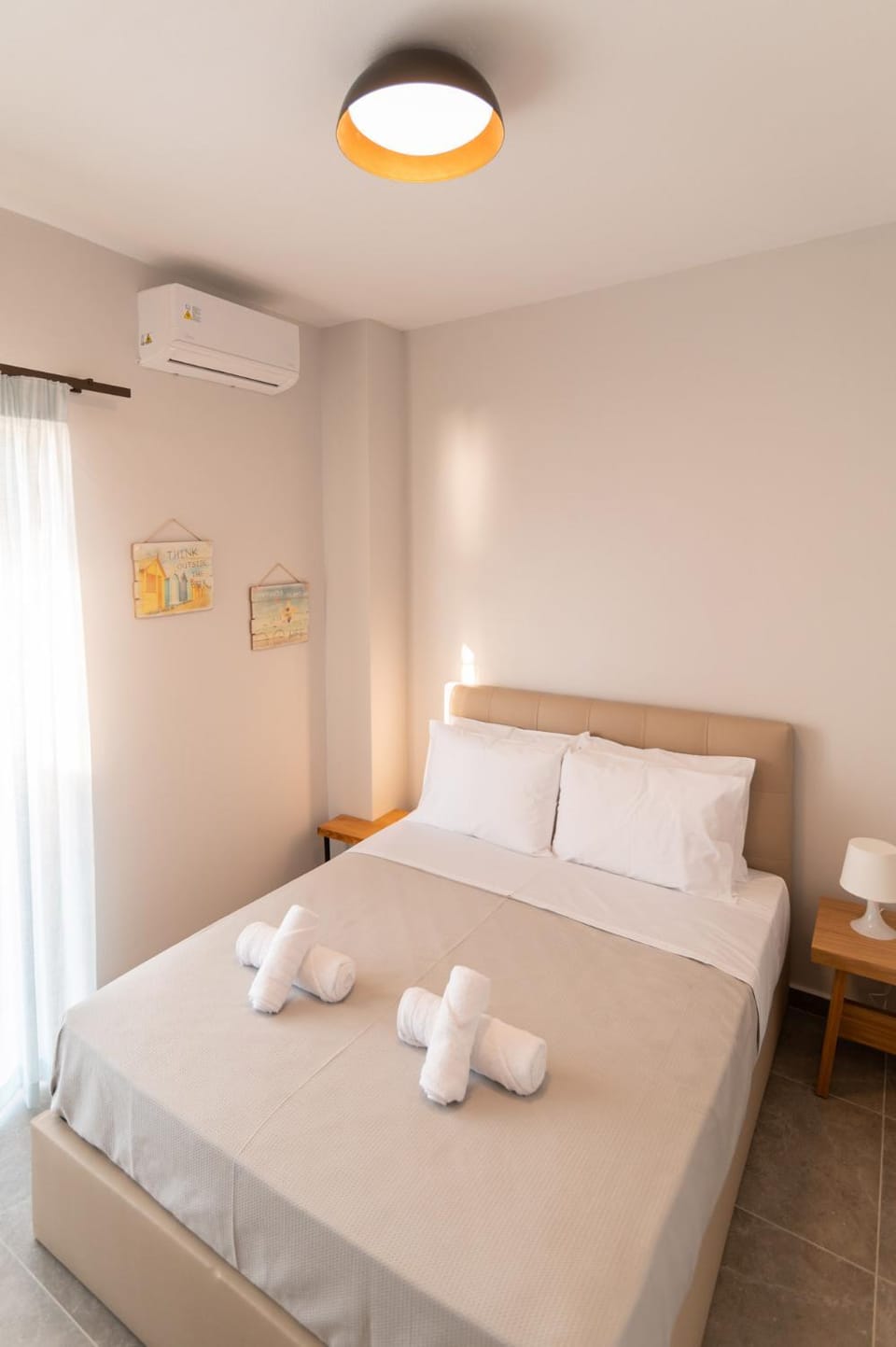 Bed, Photo of the whole room, Bedroom, towels, air conditioner