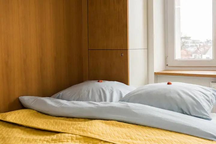 Bed, wardrobe