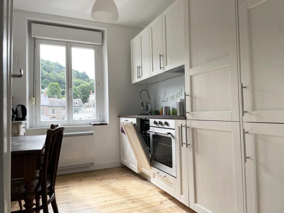 Kitchen or kitchenette, dishwasher, stove